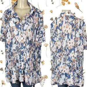 Only Necessities +22/24 Teal Floral Butterfly Pleated Button Short Sleeve Blouse